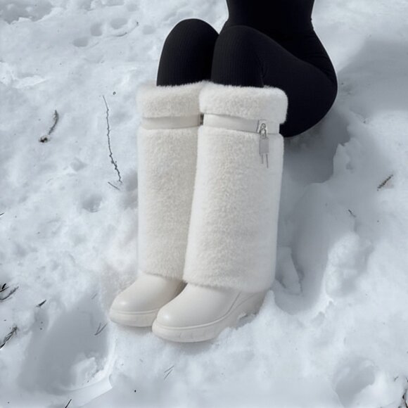 Beige Outdoor Women's Fluffy Knee Snow Boots - Picture 3 of 5
